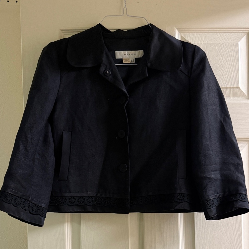 Zara Black Cropped Button-Front Jacket with Lace Trim